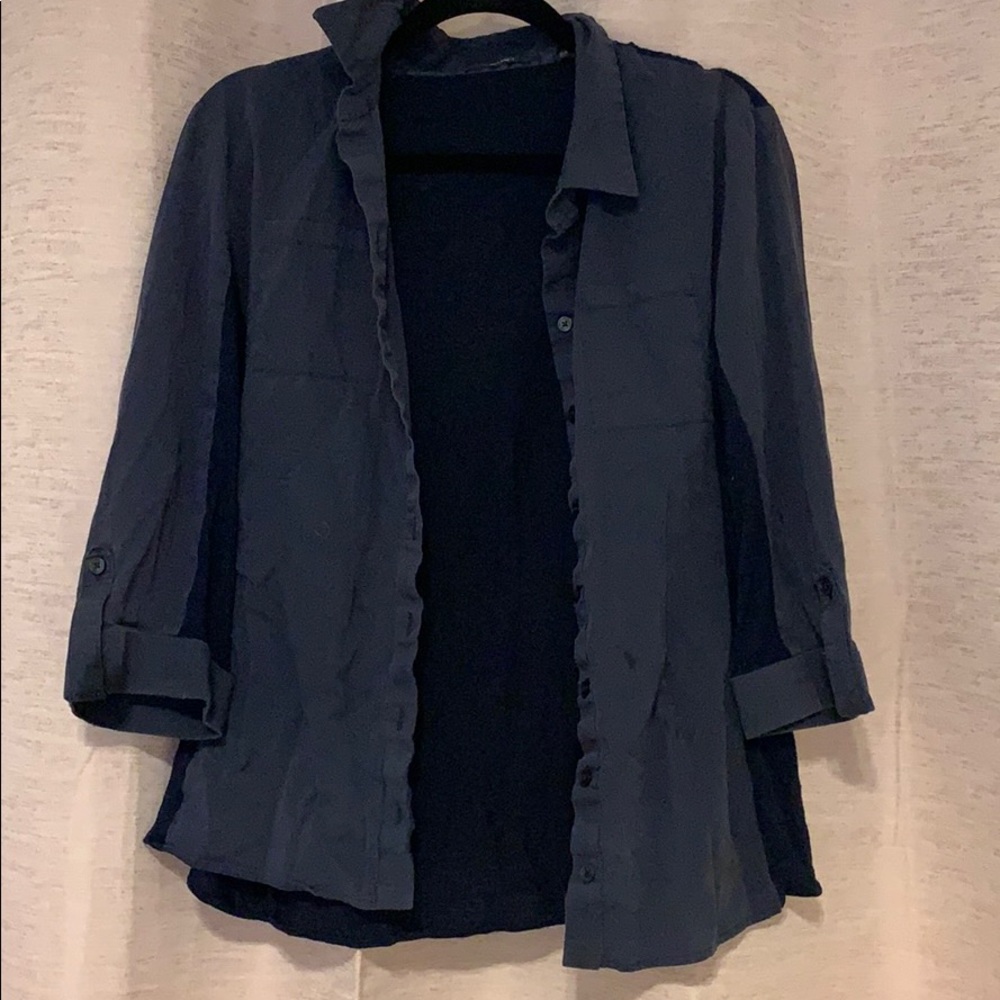 navy button down with two different fabrics